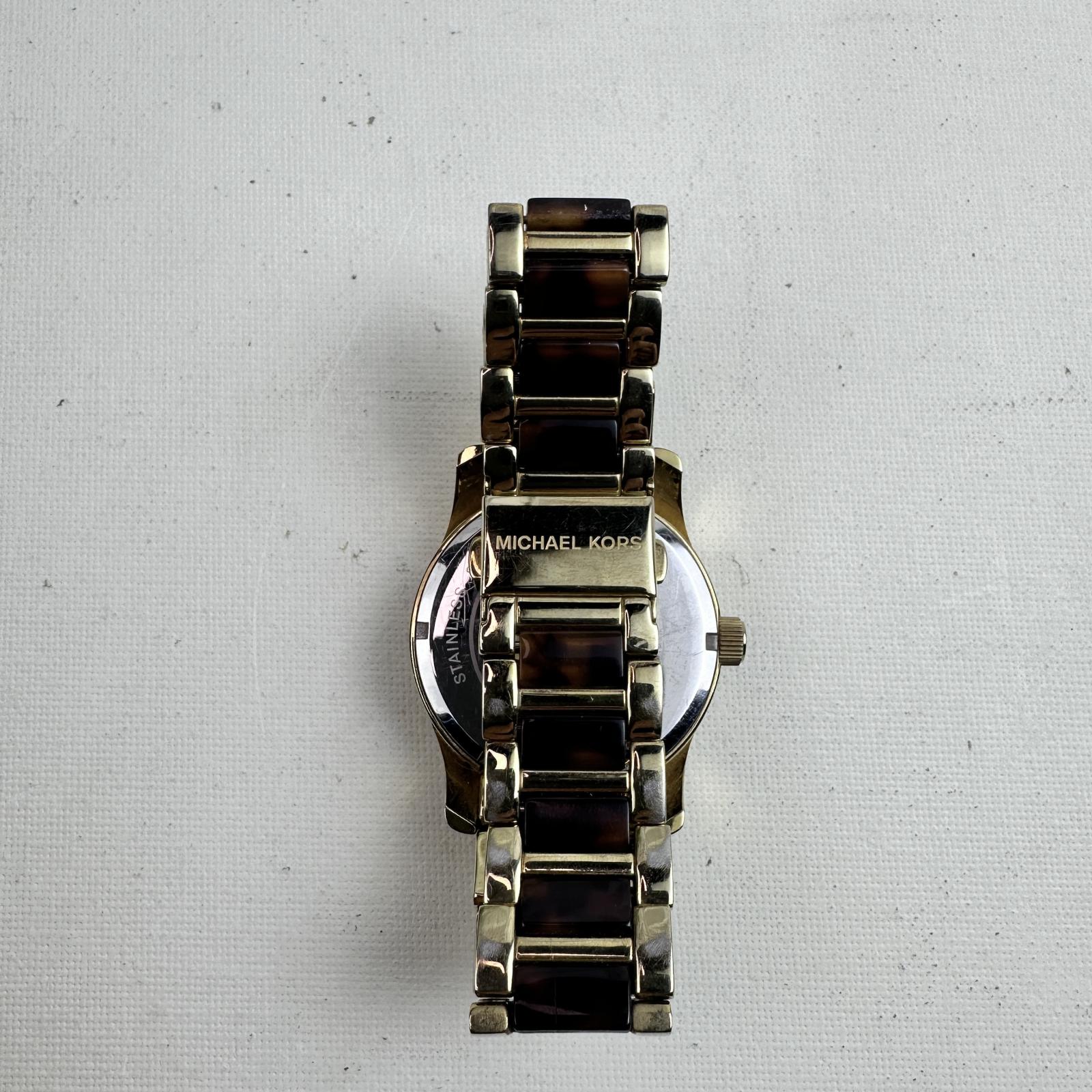 Michael Kors $310 MK5864 Women’s Gold-Tone Crystal Logo Watch 45mm - hình ảnh